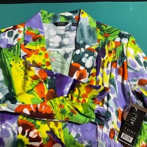NWT Toni Morgan Shacket Vibrant watercolor Tie Dye smocked waist3/4 sleeve SZ PL